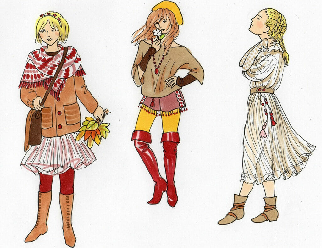 drawings of three ladies in autumnal clothes