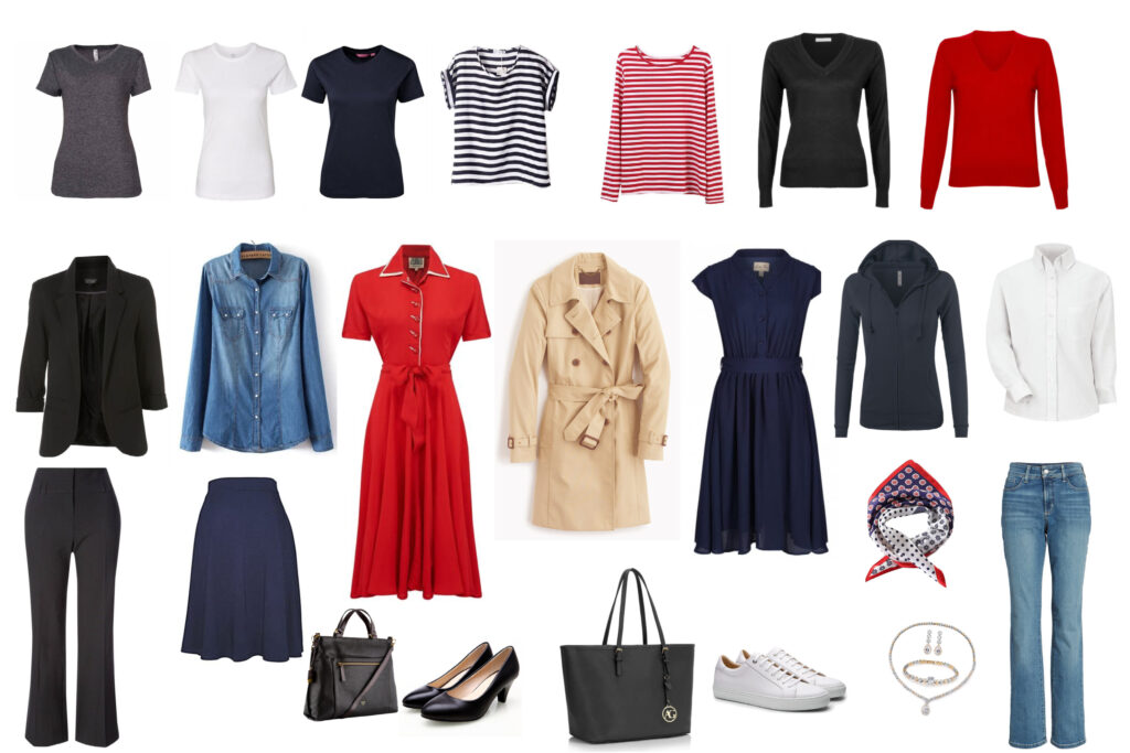 A collection of clothes suitable for a business casual capsule wardrobe