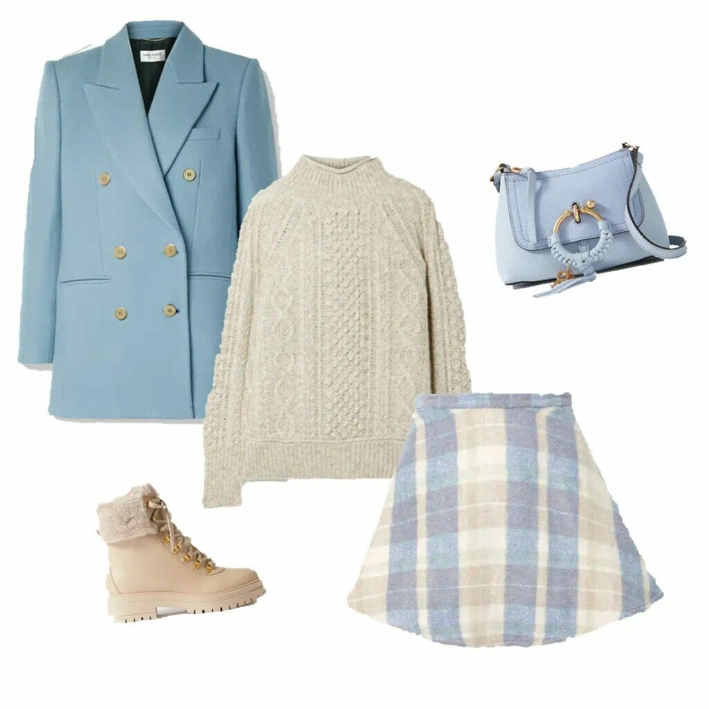 pale blue jacket, cream jumper, cream, grey and pale blue plaid skirt, pale blue bag and cream chunky boots