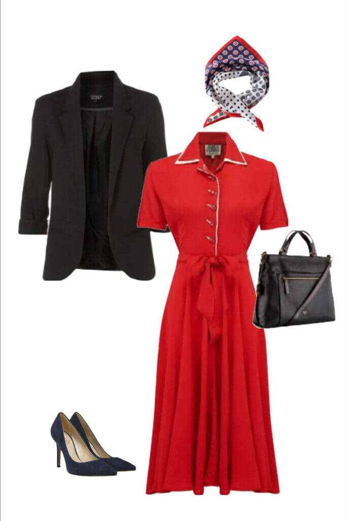 black blazer, red dress, red white blue neck scarf, black pumps black bag