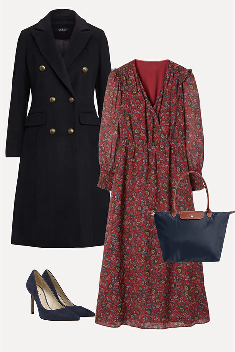 navy wool coat, navy tote and heels, and a red floral wrap dress
