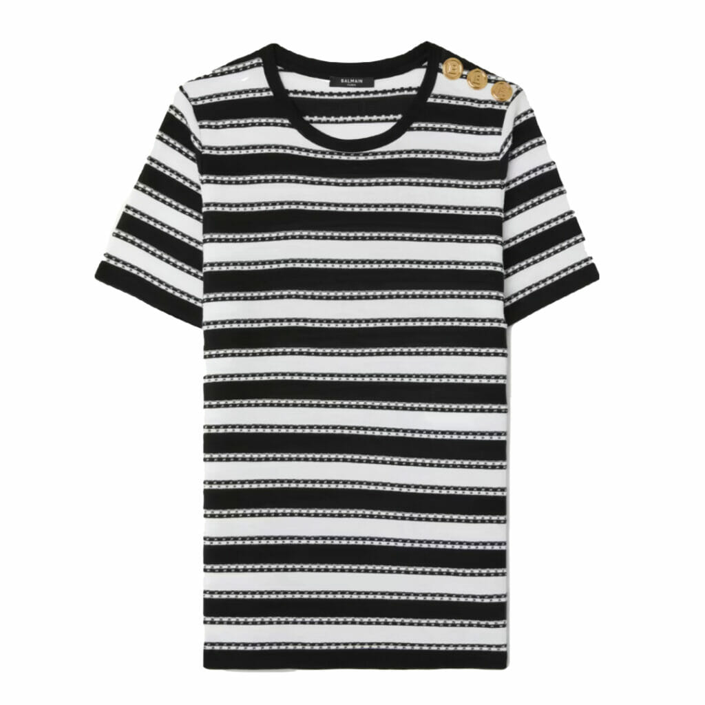 Black and white striped T shirt with shoulder button detail
