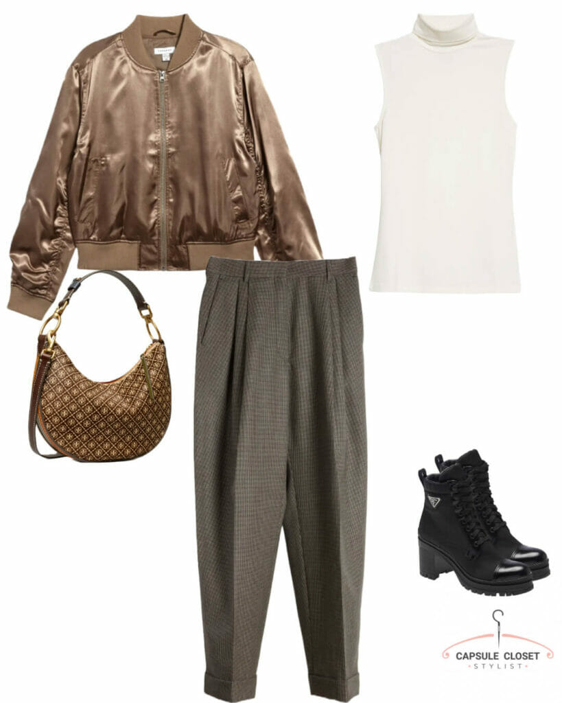 satin bomber, tweed trousers, chunky boots and a crescent bag