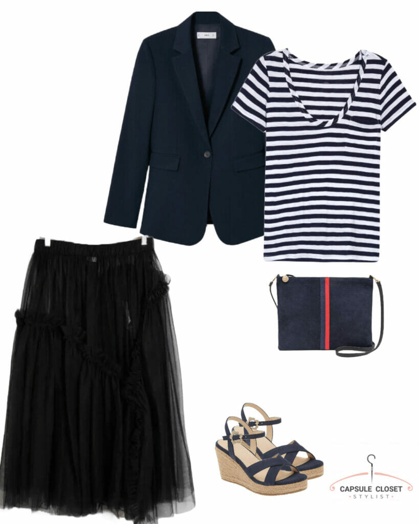 navy blazer, stripe tshirt, tulle skirt, navy wedges