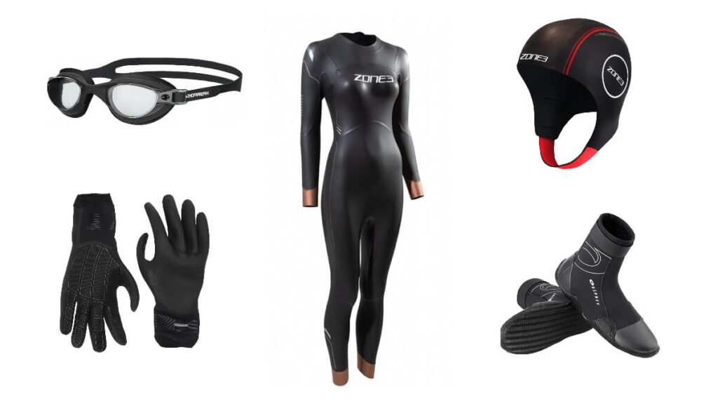 swimming gear including a wetsuit, gloves, swim hat, boots and goggles