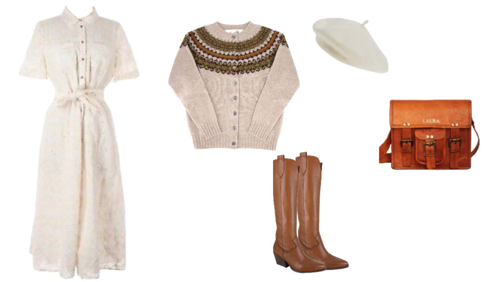ivory shirt dress, ivory cardigan, tan knee high boots and a tan satchel