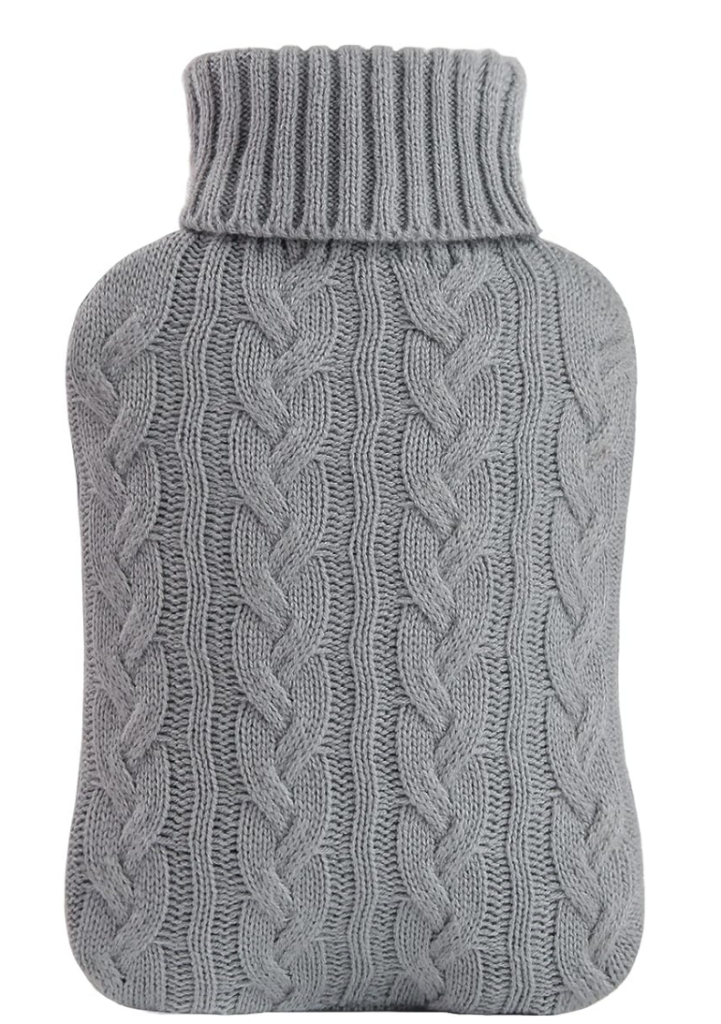 hot water bottle with grey cable knitted cover