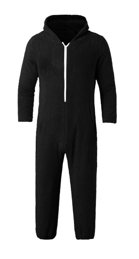 black fleece all in one with a front zip and hood