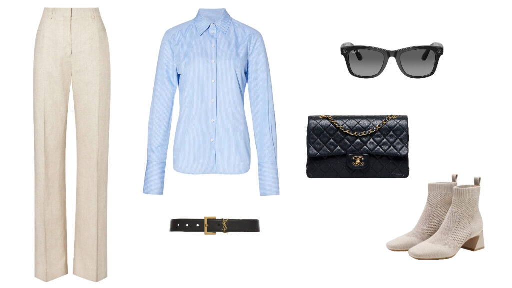 stone wide leg trousers, pale blue striped shirt, black quilted bag abd black sunglasses