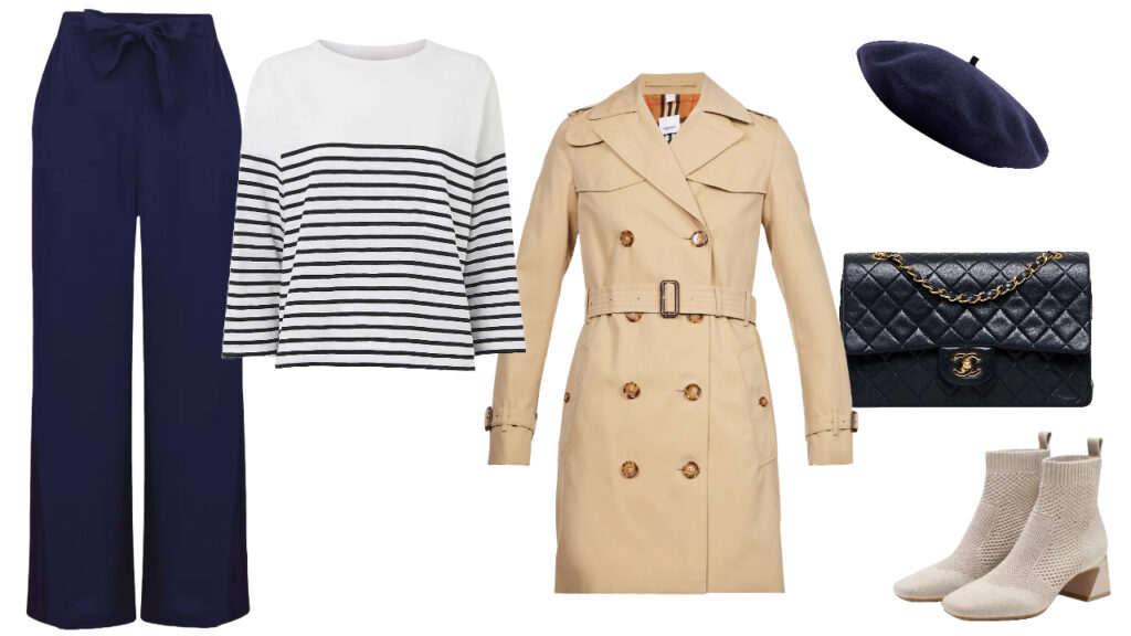 wide leg navy trousers, a navy and white breton top, a stone trench, navy beret, quilted bag and stone boots