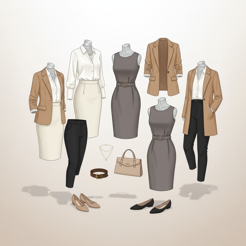 Flat lay of capsule wardrobe pieces for an hourglass figure, featuring a tailored blazer, fitted trousers, pencil skirt, belted dress, structured blouse, and elegant shoes, all neatly arranged on a plain, uncluttered background.