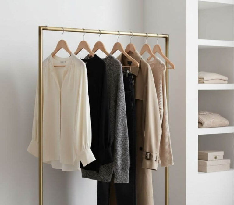 A small rail of a capsule closet of clothes in an hourly personal styling session