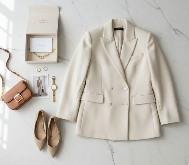 A Flat lay image of an outfit blazer, shoes and bag as a result of a complete personal styling service