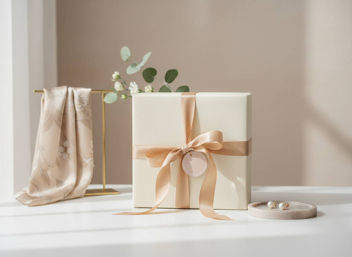 Elegant gift box with silk ribbon, surrounded by delicate fashion accessories and greenery, styled on a minimalist background.