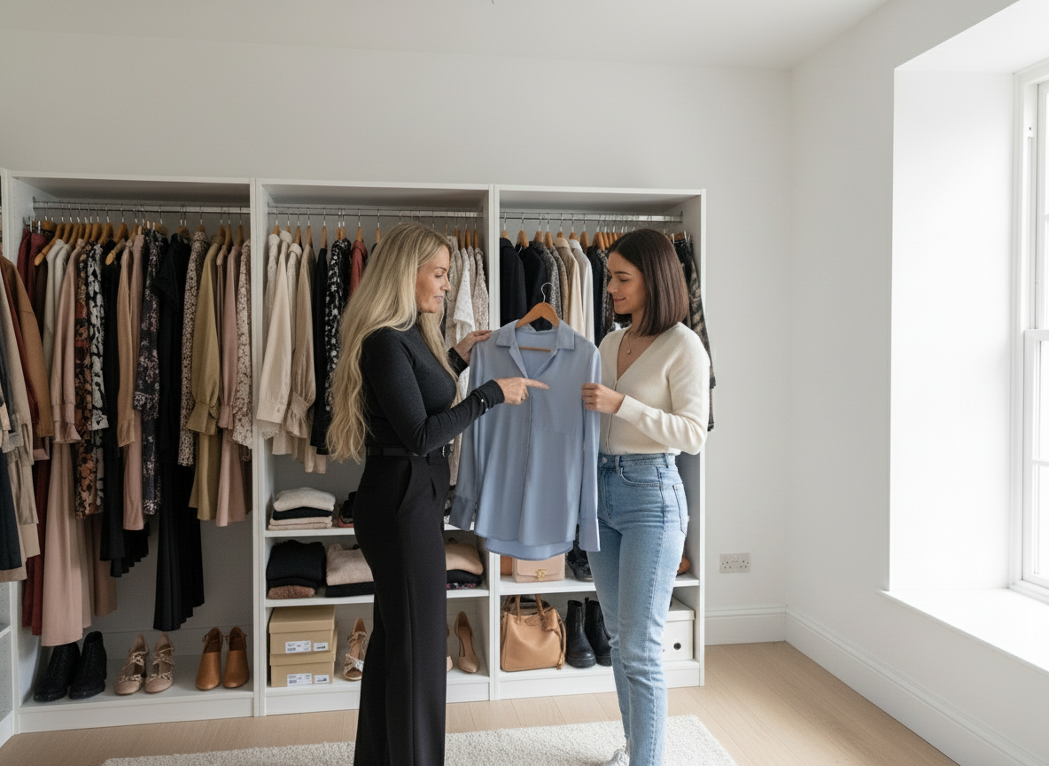 Personal stylist Michelle Barrett advising a client during a wardrobe styling session at home, reviewing clothing choices in front of an organised wardrobe.