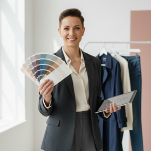 Client in a bright minimalist studio holding colour swatches and a tablet, with a curated clothing rail behind them.
