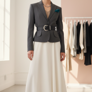 fashion-forward non-binary person in a bright minimalist studio wardrobe space, wearing a modern tailored outfit with a clothing rail behind them.