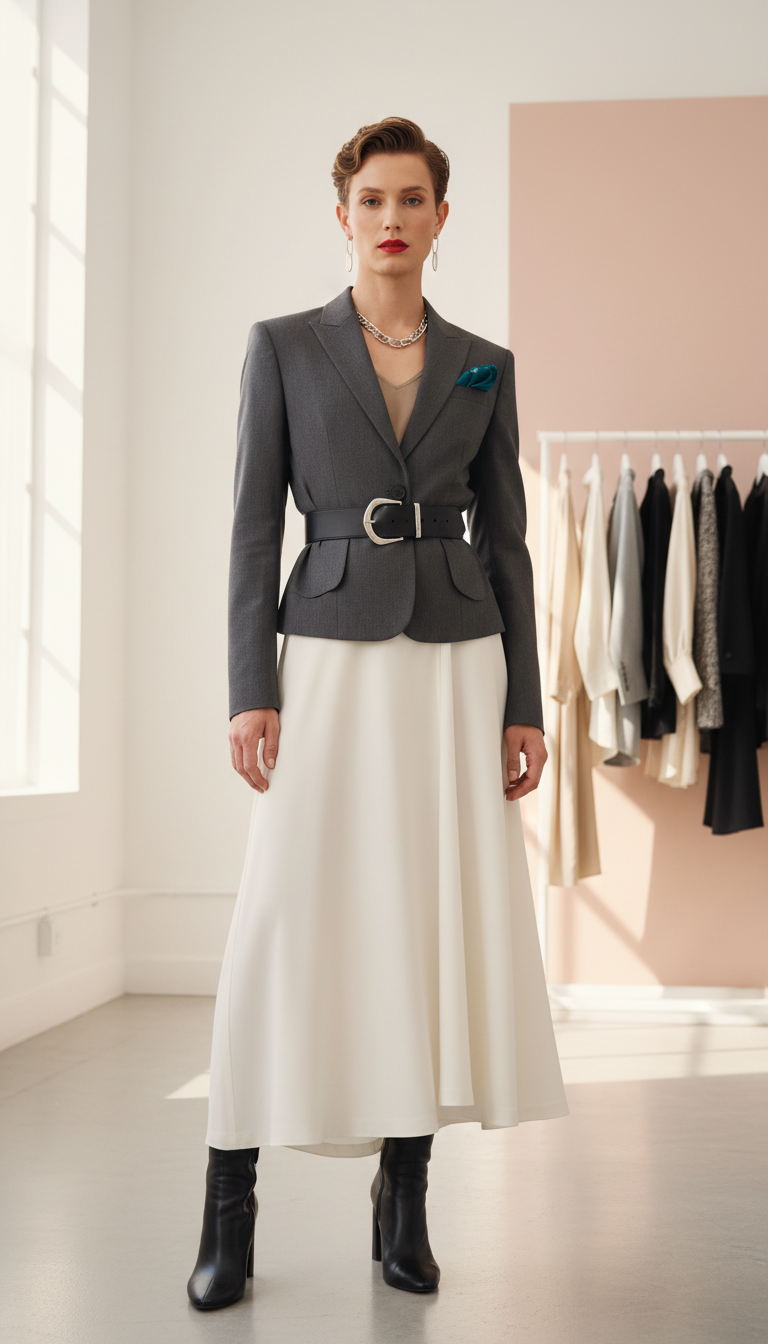 fashion-forward non-binary person in a bright minimalist studio wardrobe space, wearing a modern tailored outfit with a clothing rail behind them.